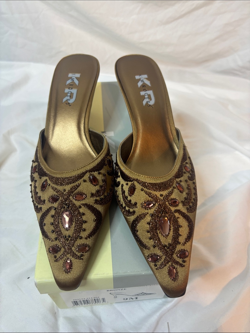 Kim Rogers Metallic Gold Bejeweled Pointed-Toe Mules with Pink Gems